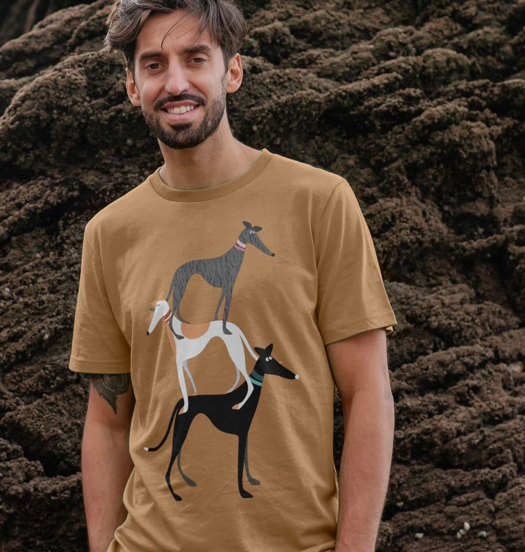 Young man modelling Hound stack tshirt in Sand