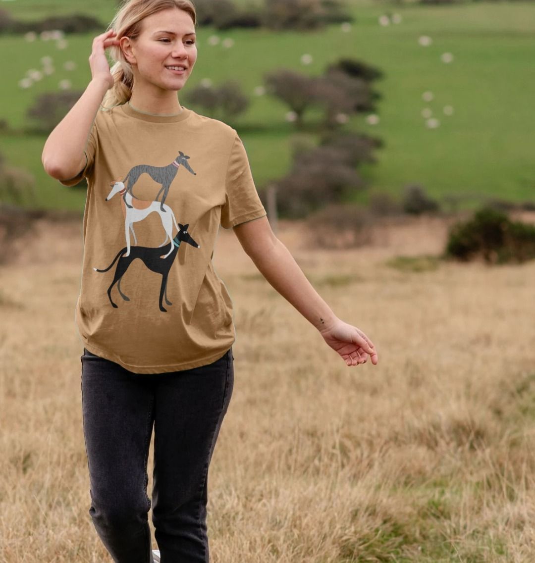 Young woman modelling Hound stack tshirt in Sand