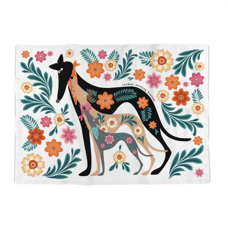 Rushin Nesting Hounds - Tea Towel has an image of a greyhound, whippet and italian greyhound stacked together like a Russian nesting doll.