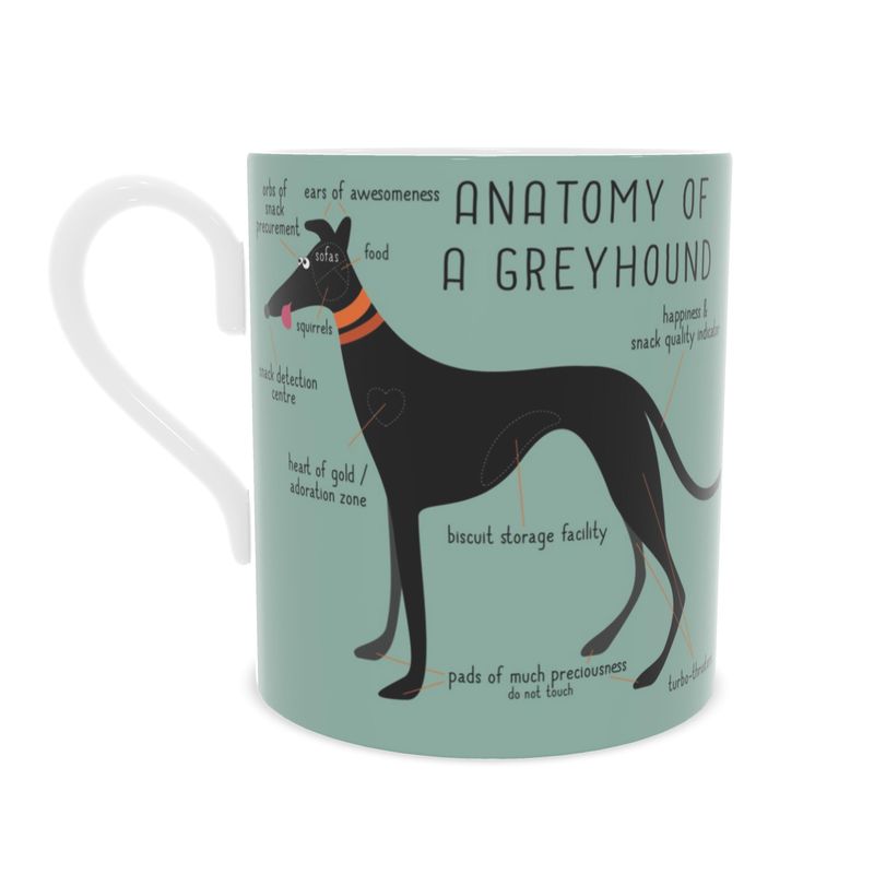 Back View of a Bone China mug featuring a cute cartoon of a black greyhound on a sage green background. The illustration is called Anatomy of a greyhound. Some of the features included are Ears of Awesomeness and Biscuit Storage Facility. 