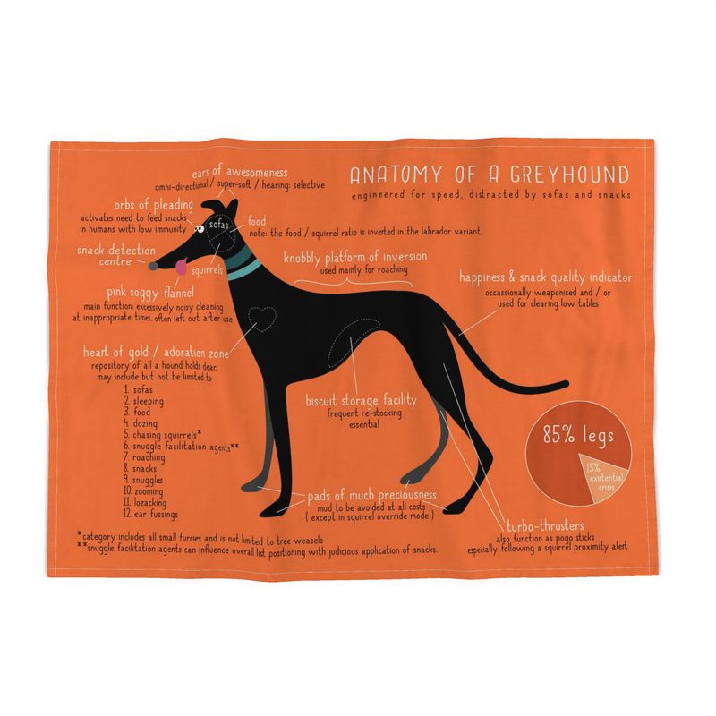 Tea towel - featuring a cute cartoon of a black greyhound on an orange background. The landscape illustration is called Anatomy of a greyhound. Features included out are Ears of Awesomeness, Biscuit Storage Facility. Includes pie chart 85% legs, 15& existential crisis. 
