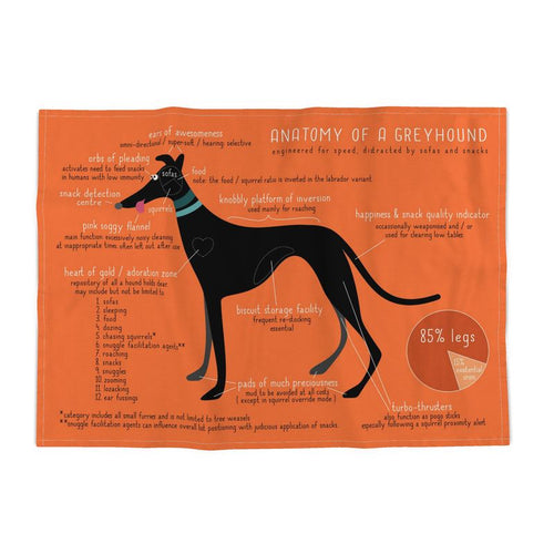 Tea towel - featuring a cute cartoon of a black greyhound on an orange background. The landscape illustration is called Anatomy of a greyhound. Features included out are Ears of Awesomeness, Biscuit Storage Facility. Includes pie chart 85% legs, 15& existential crisis. 