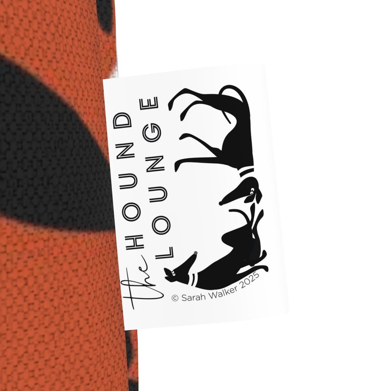 Brand Label for 'The Hound Lounge' Featuring black and white drawings of Silver & Kushti. Copyright Sarah Walker 2025