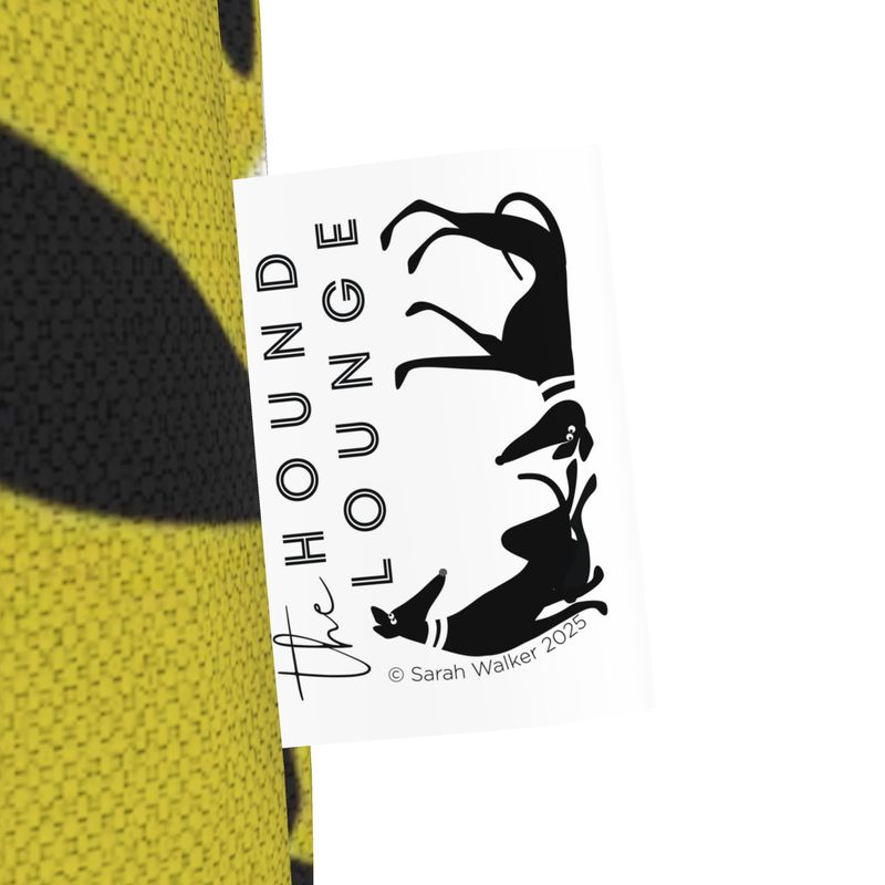 Brand Label for 'The Hound Lounge' Featuring black and white drawings of Silver & Kushti. Copyright Sarah Walker 2025