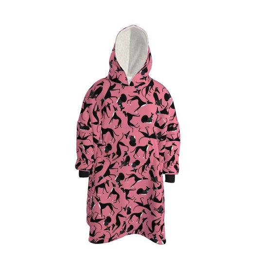 Front image of an Oversized Fleece hoodiebackground. The background colour is pink. There is a repeat pattern with many cute black greyhounds in a variety of poses. The lining fleece is cream. The cuffs are black.