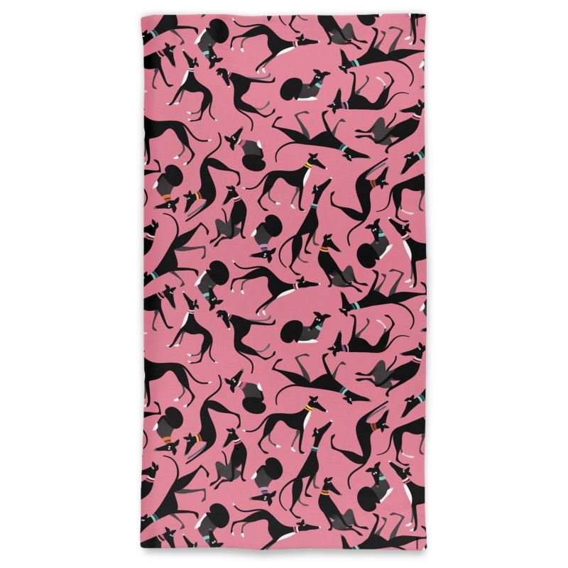 Back image of tube neck scarf with a pink background. The pattern is a repeat pattern of cute black and white greyhounds in various poses.