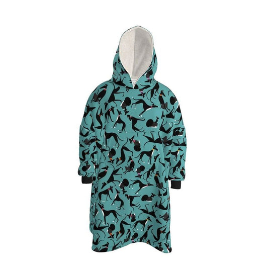 Front image of an Oversized Fleece hoodiebackground. The background colour is turquoise. There is a repeat pattern with many cute black greyhounds in a variety of poses. The lining fleece is cream. The cuffs are black.