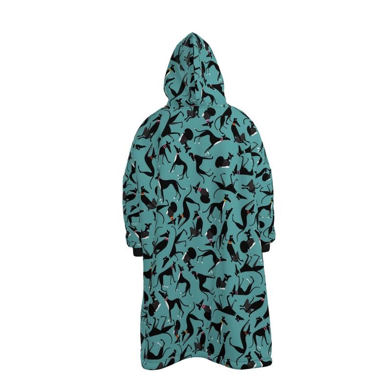 Front image of an Oversized Fleece hoodiebackground. The background colour is turquoise. There is a repeat pattern with many cute black greyhounds in a variety of poses. The cuffs are black.