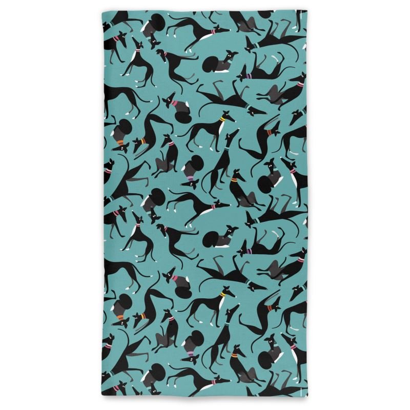 back image of tube neck scarf with a turquoise background. The pattern is a repeat pattern of cute black and white greyhounds in various poses.