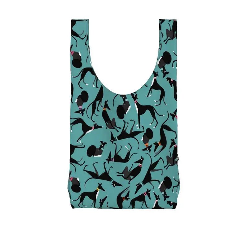 front view of a Parachute shopping bag with a turquoise background. The repeat patterns shows lots of cute illustrations of black & White greyhounds in different poses.