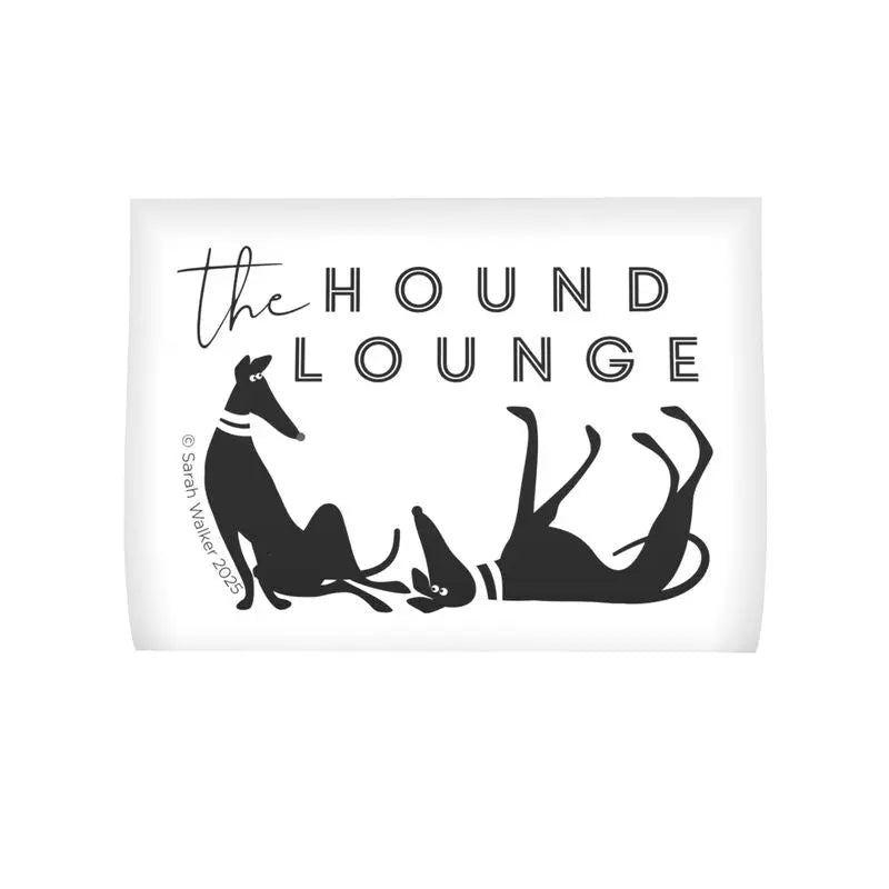 Brand Label for 'The Hound Lounge' Featuring black and white drawings of Silver & Kushti. Copyright Sarah Walker 2025