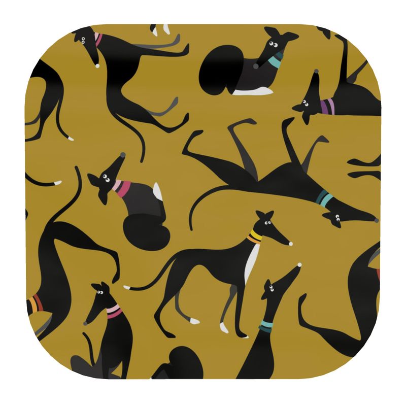 10cm Square coaster with a lime background. The repeat patterns shows lots of cute illustrations of black & White greyhounds in different poses.