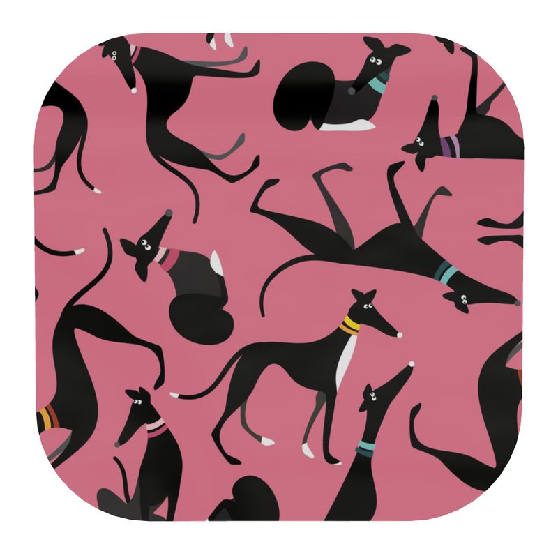 10cm Square coaster with a pink background. The repeat patterns shows lots of cute illustrations of black & White greyhounds in different poses.