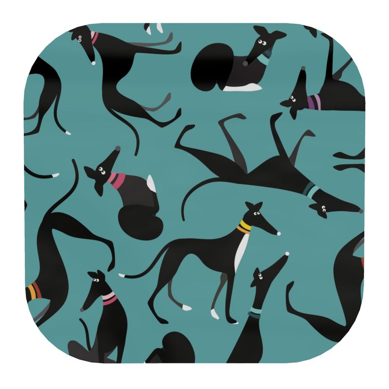 10cm Square coaster with a turquose background. The repeat patterns shows lots of cute illustrations of black & White greyhounds in different poses.