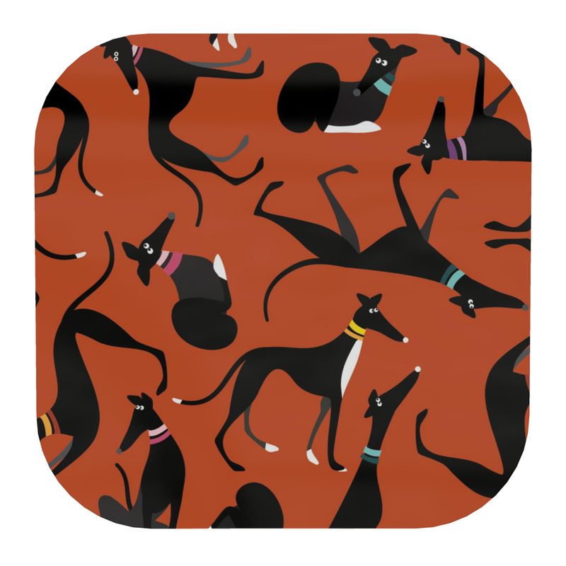 10cm Square coaster with an orange background. The repeat patterns shows lots of cute illustrations of black & White greyhounds in different poses.