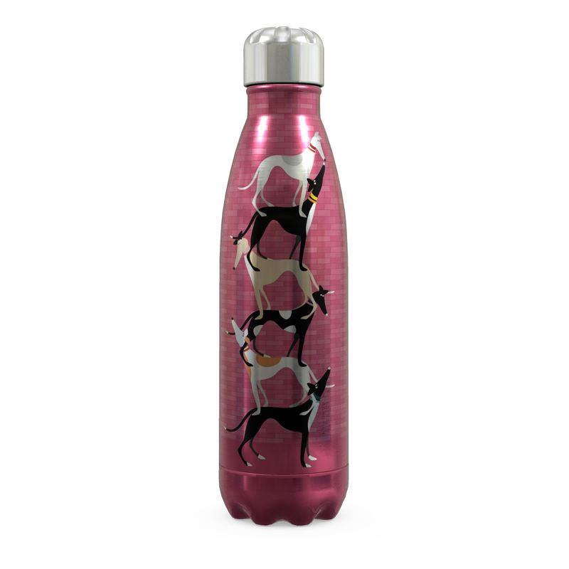 Front of a stainless steel thermal water bottle. The top is silver. The main body of the bottle is metaliic pink with a subtle brick pattern. The main image shows a stack of 6 cute greyhounds standing on each others backs. The same illustration is on the front and back of the bottle.