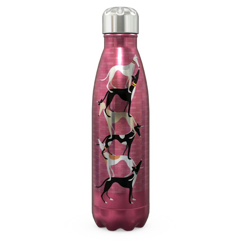 Back of a stainless steel thermal water bottle. The top is silver. The main body of the bottle is metaliic pink with a subtle brick pattern. The main image shows a stack of 6 cute greyhounds standing on each others backs. The same illustration is on the front and back of the bottle.