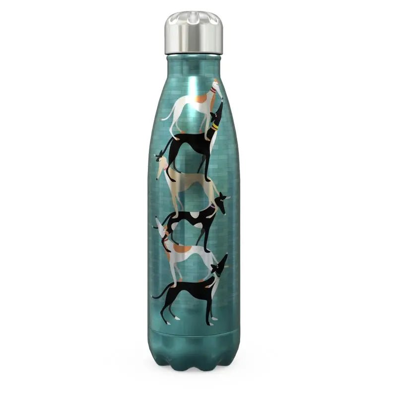 Back of a stainless steel thermal water bottle. The top is silver. The main body of the bottle is metaliic turquoise with a subtle brick pattern. The main image shows a stack of 6 cute greyhounds standing on each others backs. The same illustration is on the front and back of the bottle.