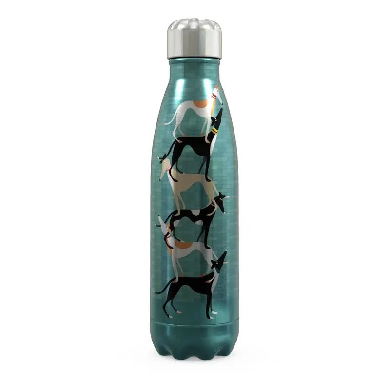 Front of a stainless steel thermal water bottle. The top is silver. The main body of the bottle is metaliic turquoise with a subtle brick pattern. The main image shows a stack of 6 cute greyhounds standing on each others backs.