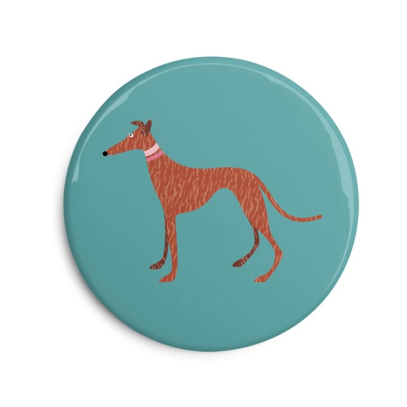 Fridge Magnet. 6cm Round. Showing an  illustration of a cute red brindle greyhound. The background is turquoise. The dog collars are pink.