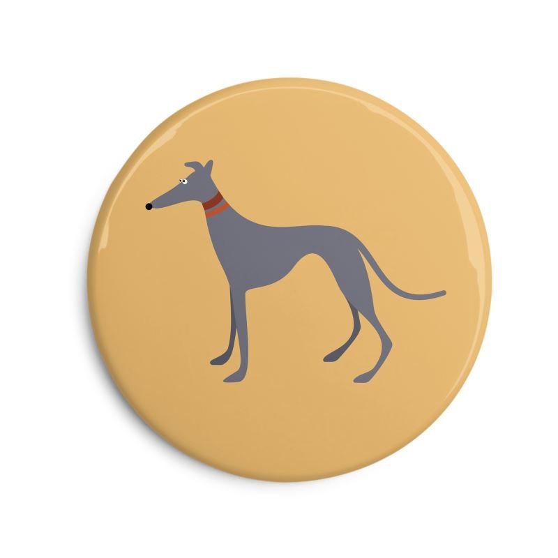 Fridge Magnet. 6cm Round. Showing an  illustration of a cute grey greyhound. The background is yellow. The dog collars are orange.