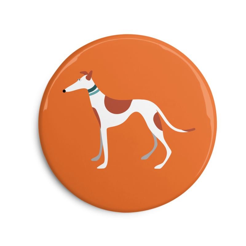Fridge Magnet. 6cm Round. Showing an  illustration of a cute red with red spots greyhound. The background is orange. The dog collars are teal.