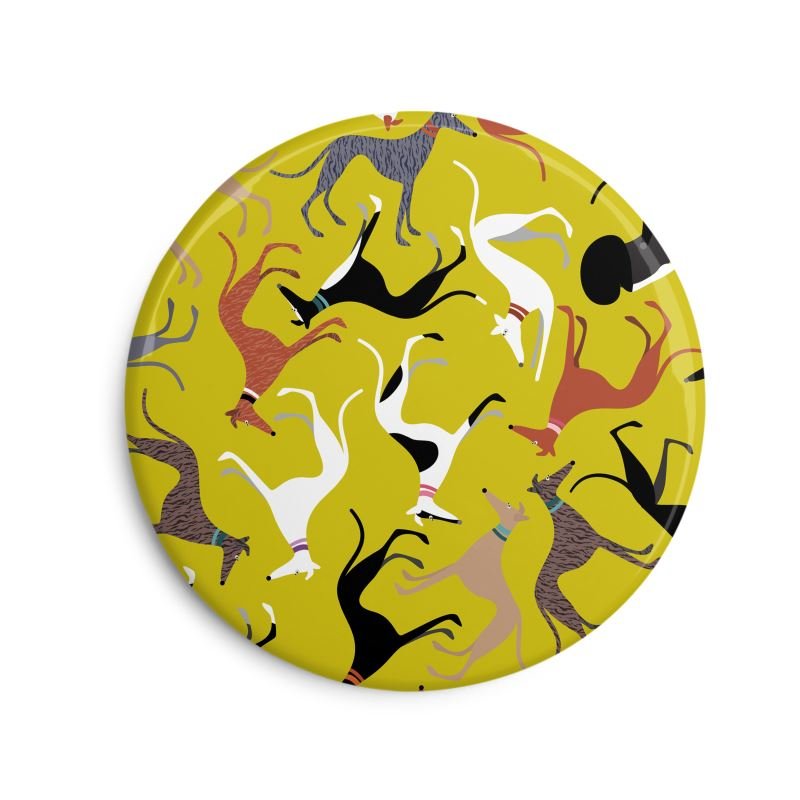 Fridge Magnet. 6cm Round. Lime background with repeat pattern showing illustrations of cute greyhounds with coat colours.